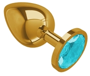 Золотистая большая анальная пробка с голубым кристаллом - 9,5 см. - фото, цены