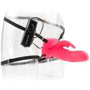 Розовый мужской полый страпон с вибрацией и клиторальным стимулятором - фото, цены