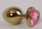 Золотистая анальная пробка с розовым стразиком-сердечком - 7,5 см. - фото, цены