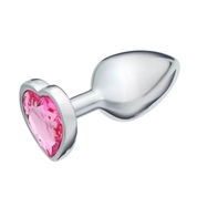 Серебристая анальная пробка с розовым кристаллом в форме сердца - 7 см. - фото, цены