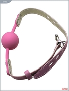 Розовый силиконовый кляп с фиксацией розовыми кожаными ремешками - фото, цены