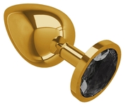 Золотистая большая анальная пробка с чёрным кристаллом - 9,5 см. - фото, цены