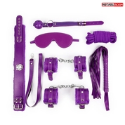 Большой набор бдсм в фиолетовом цвете: маска, кляп, плётка, ошейник, наручники, оковы, верёвка - фото, цены