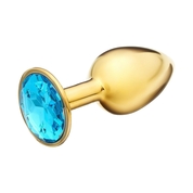 Золотистая анальная пробка с голубым кристаллом - 7 см. - фото, цены