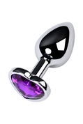 Серебристая коническая анальная пробка с фиолетовым кристаллом-сердечком - 7 см. - фото, цены