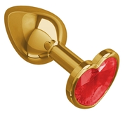 Золотистая анальная втулка с красным кристаллом-сердцем - 7 см. - фото, цены