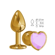 Золотистая анальная пробка с сиреневым кристаллом-сердцем - 7 см. - фото, цены
