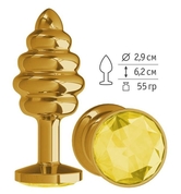 Золотистая спиралевидная анальная пробка с желтым кристаллом - 7 см. - фото, цены