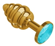 Золотистая пробка с рёбрышками и голубым кристаллом - 7 см. - фото, цены