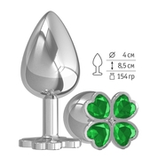 Серебристая анальная пробка-клевер с зеленым кристаллом - 9,5 см. - фото, цены