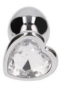Серебристая анальная пробка с прозрачным кристаллом в форме сердца - 7,1 см. - фото, цены