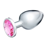 Серебристая коническая анальная пробка с розовым кристаллом - 9 см. - фото, цены