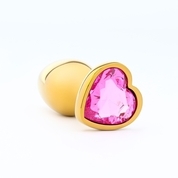 Золотистая анальная пробка с розовым кристаллом в форме сердца - 7 см. - фото, цены
