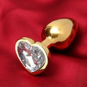 Золотистая анальная пробка с прозрачным кристаллом в форме сердца - фото, цены