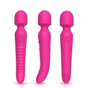 Ярко-розовый двусторонний wand-вибромассажер с рифленой ручкой - 22,5 см. - фото, цены