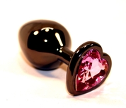 Чёрная анальная пробка с розовым стразом-сердцем - 8 см. - фото, цены