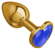 Золотистая анальная втулка с синим кристаллом-сердцем - 7 см. - фото, цены
