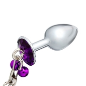 Серебристая анальная пробка с фиолетовым кристаллом, колокольчиками и поводком - фото, цены