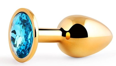 Золотистая анальная пробка с голубым стразом - 7,2 см. - фото, цены