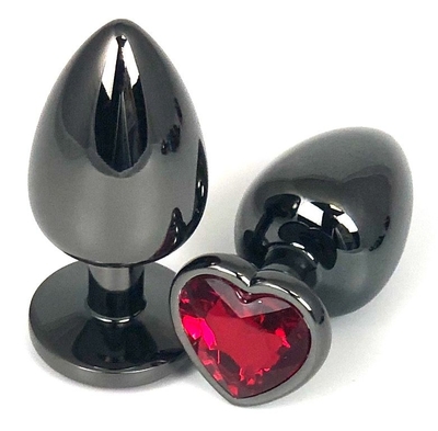 Черная металлическая анальная пробка с красным стразом-сердечком - 7,5 см. - фото, цены