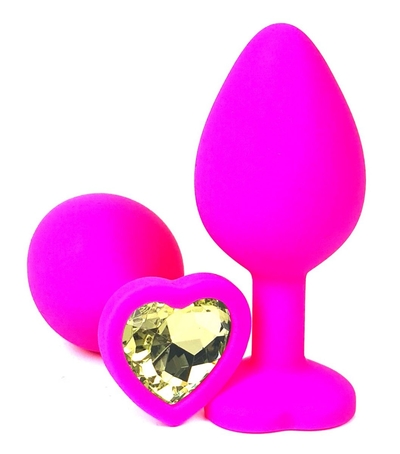 Розовая силиконовая пробка с желтым кристаллом-сердцем - 10,5 см. - фото, цены