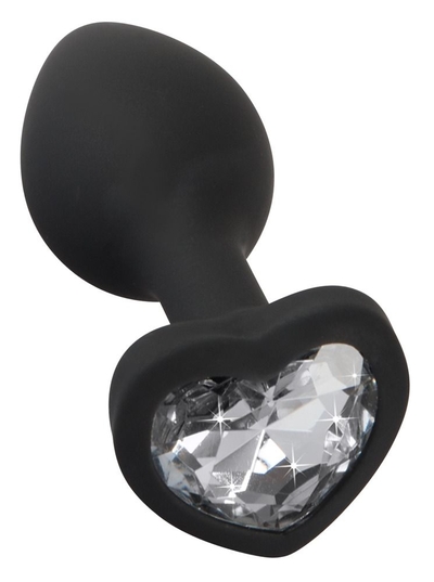 Черная силиконовая анальная пробка с прозрачным стразом-сердечком - 7,3 см. - фото, цены
