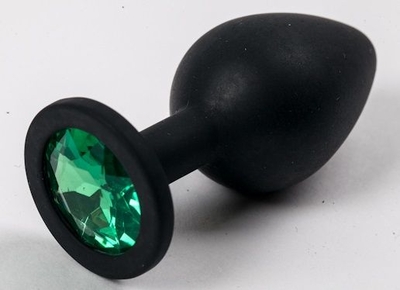 Черная силиконовая анальная пробка с зеленым стразом - 8,2 см. - фото, цены