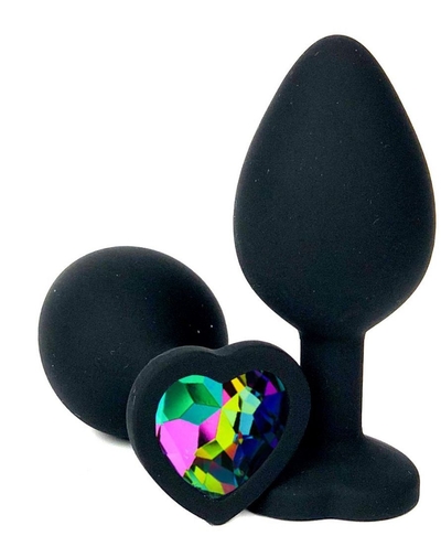 Черная силиконовая пробка с разноцветным кристаллом-сердечком - 9,5 см. - фото, цены