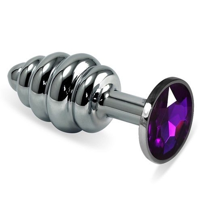 Серебристая пробка с рёбрышками и фиолетовым кристаллом - 7 см. - фото, цены