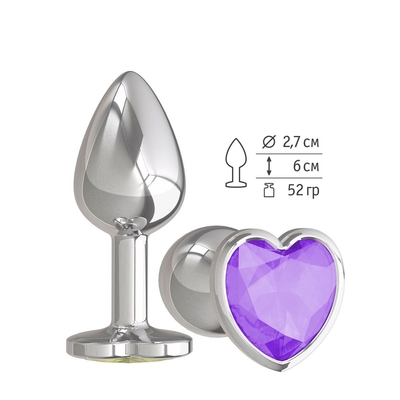 Серебристая анальная втулка с фиолетовым кристаллом-сердцем - 7 см. - фото, цены