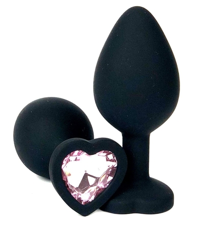 Черная силиконовая пробка с нежно-розовым кристаллом-сердцем - 10,5 см. - фото, цены