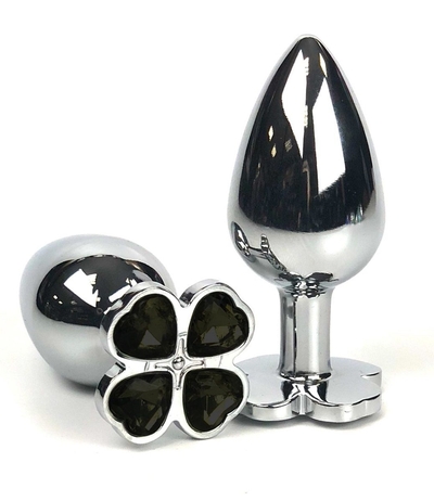 Серебристая анальная втулка с клевером из черных кристаллов - 9 см. - фото, цены
