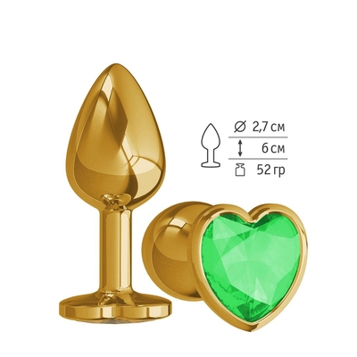 Золотистая анальная втулка с зеленым кристаллом-сердцем - 7 см. - фото, цены