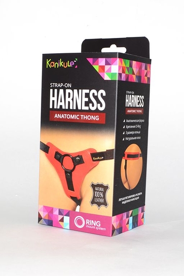Красно-чёрные трусики для фиксации насадок кольцом Kanikule Leather Strap-on Harness Anatomic Thong - фото, цены