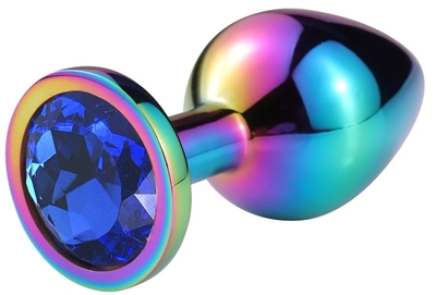 Разноцветная гладкая анальная пробка с синим кристаллом - 6,8 см. - фото, цены