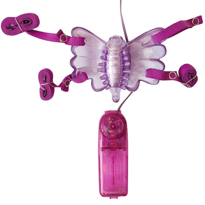 Фиолетовая вибробабочка на ремешках с пультом управления вибрацией - фото, цены