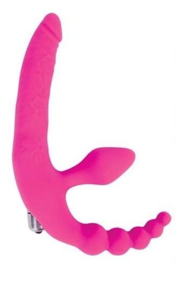 Розовый безремневой страпон с анальным отростком и вибрацией - 15 см. - фото, цены