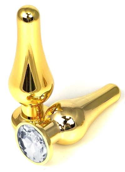 Золотистая удлиненная анальная пробка с прозрачным кристаллом - 9 см. - фото, цены