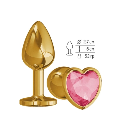 Золотистая анальная втулка с малиновым кристаллом-сердцем - 7 см. - фото, цены