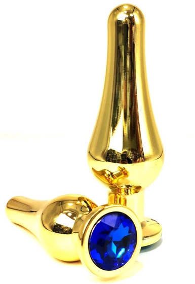 Золотистая удлиненная анальная пробка с синим кристаллом - 8 см. - фото, цены