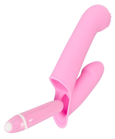 Нежно-розовая двойная вибронасадка на палец Vibrating Finger Extension - 17 см. - фото, цены
