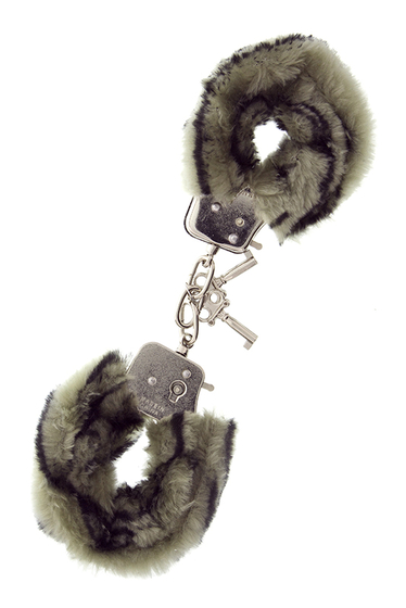 Металлические наручники с чёрно-серой меховой опушкой - фото, цены