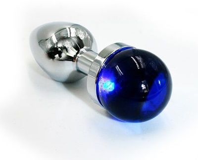 Серебристая анальная пробка с синей сферой в основании - 6 см. - фото, цены