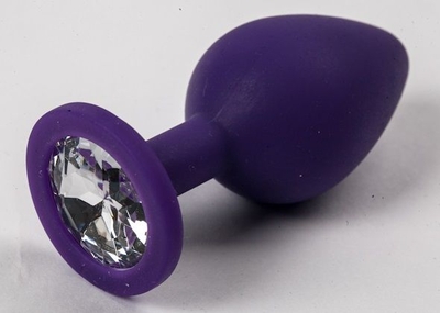 Фиолетовая силиконовая анальная пробка с прозрачным стразом - 8,2 см. - фото, цены