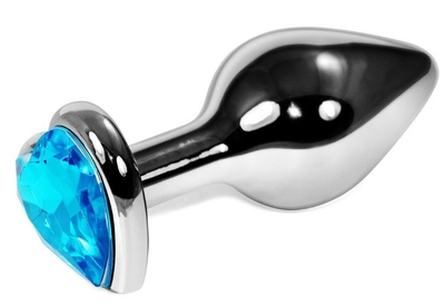 Серебристая анальная пробка с голубым кристаллом-сердцем - 9 см. - фото, цены