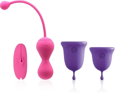 Подарочный набор: розовый тренажер Кегеля Magic Kegel Master 2 и фиолетовые менструальные чаши - фото, цены