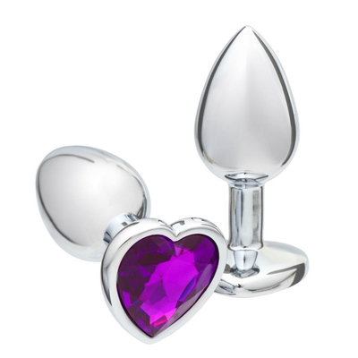 Серебристая анальная пробка с фиолетовым кристаллом в форме сердца - 7 см. - фото, цены