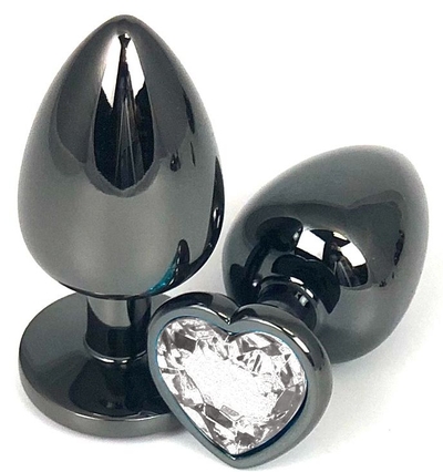 Черная металлическая анальная пробка с прозрачным стразом-сердечком - 7,5 см. - фото, цены