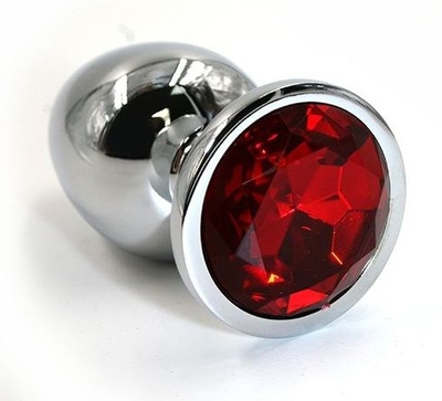 Серебристая алюминиевая анальная пробка с красным кристаллом - 7 см. - фото, цены