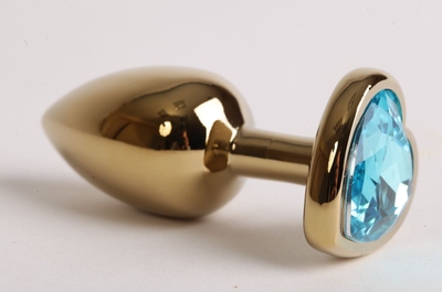 Золотистая анальная пробка с голубым стразиком-сердечком - 7,5 см. - фото, цены